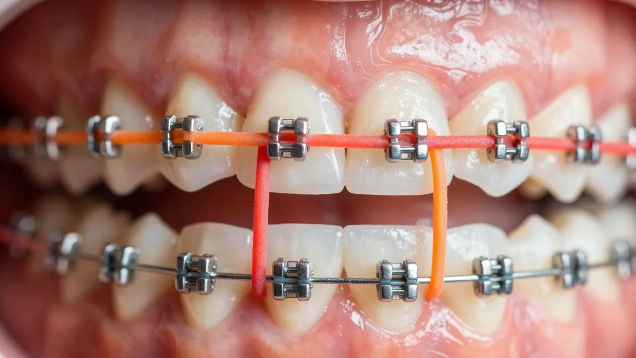 Detail elastických gumíček natažených mezi háčky na rovnátkách