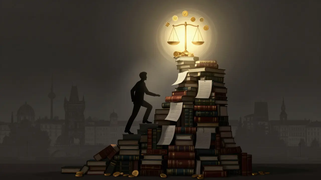 Koncepční ilustrace kariérního růstu advokáta na pozadí Prahy