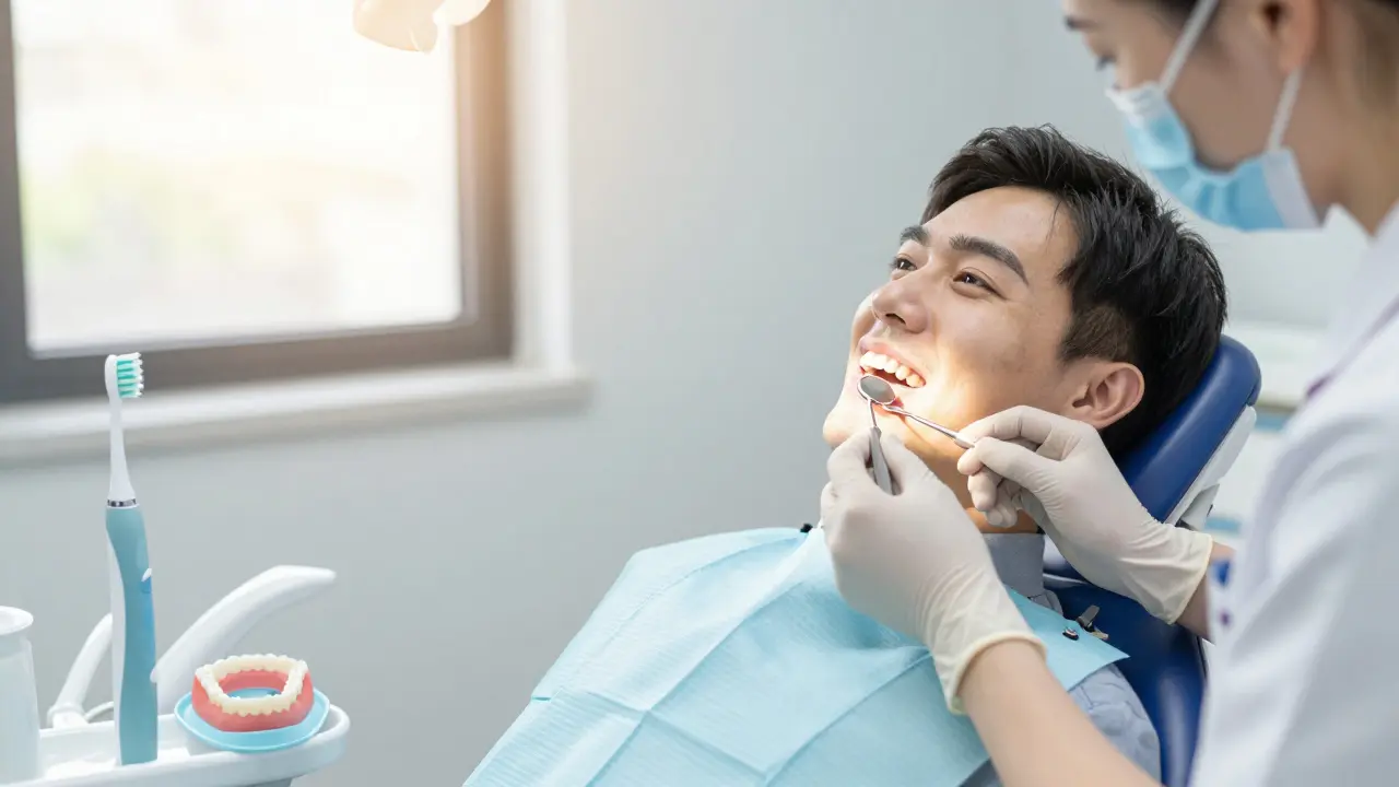 Pacient u zubního lékaře při kontrole výplně a hygienických pomůckách
