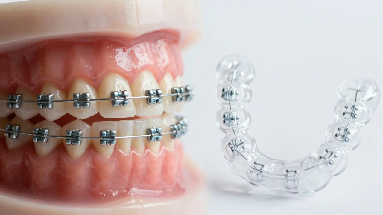Porovnání kovových a průhledných rovnátek na zubech v detailním záběru