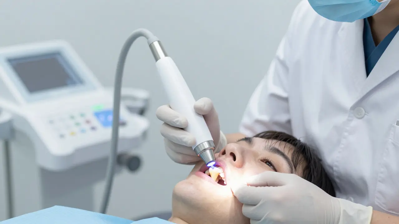 Stomatolog aplikuje ozonoterapii na zub pomocí speciálního přístroje