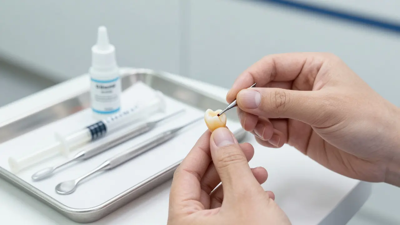 Stomatolog drží vyjmutou keramickou korunku vedle zubu