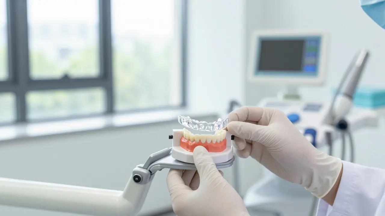 Zubní technik nasazuje přesně přizpůsobenou ochrannou náložku na model