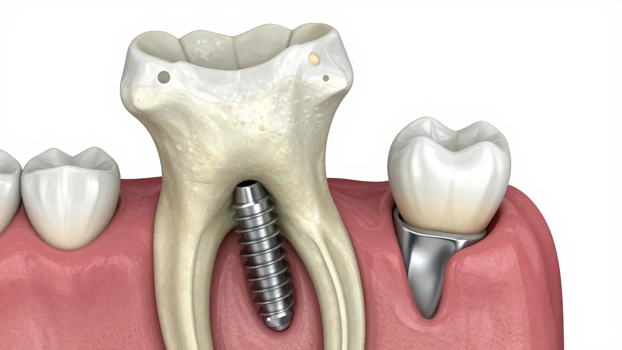 3D ilustrace zubního implantátu v čelistní kosti