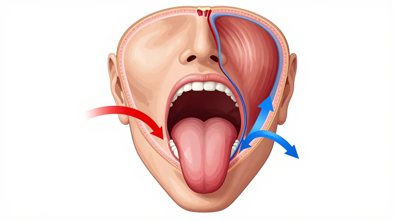 Anatomický řez hlavy ukazující zúžené dýchací cesty při předkusu