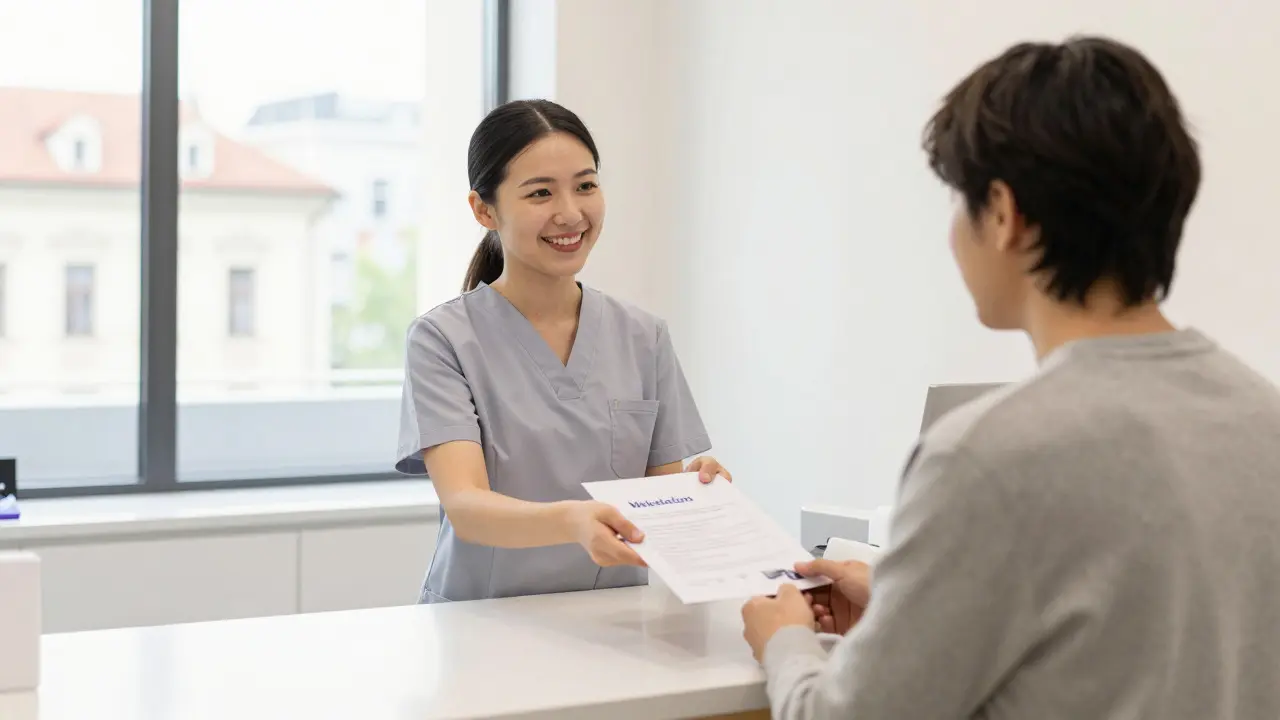 Patient receiving welcome folder at modern dental clinic reception