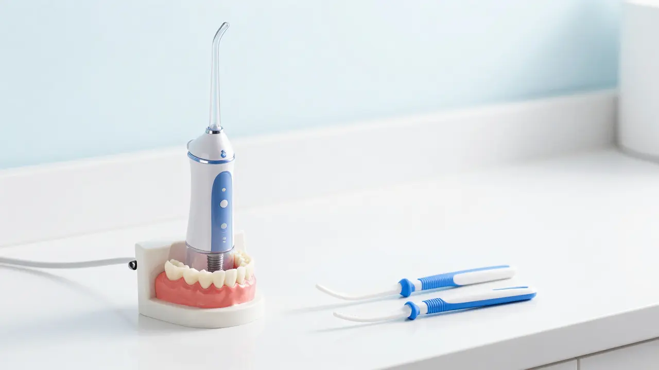 Příslušenství pro hygienu implantátů: vodní jet a mezizubní kartáčky