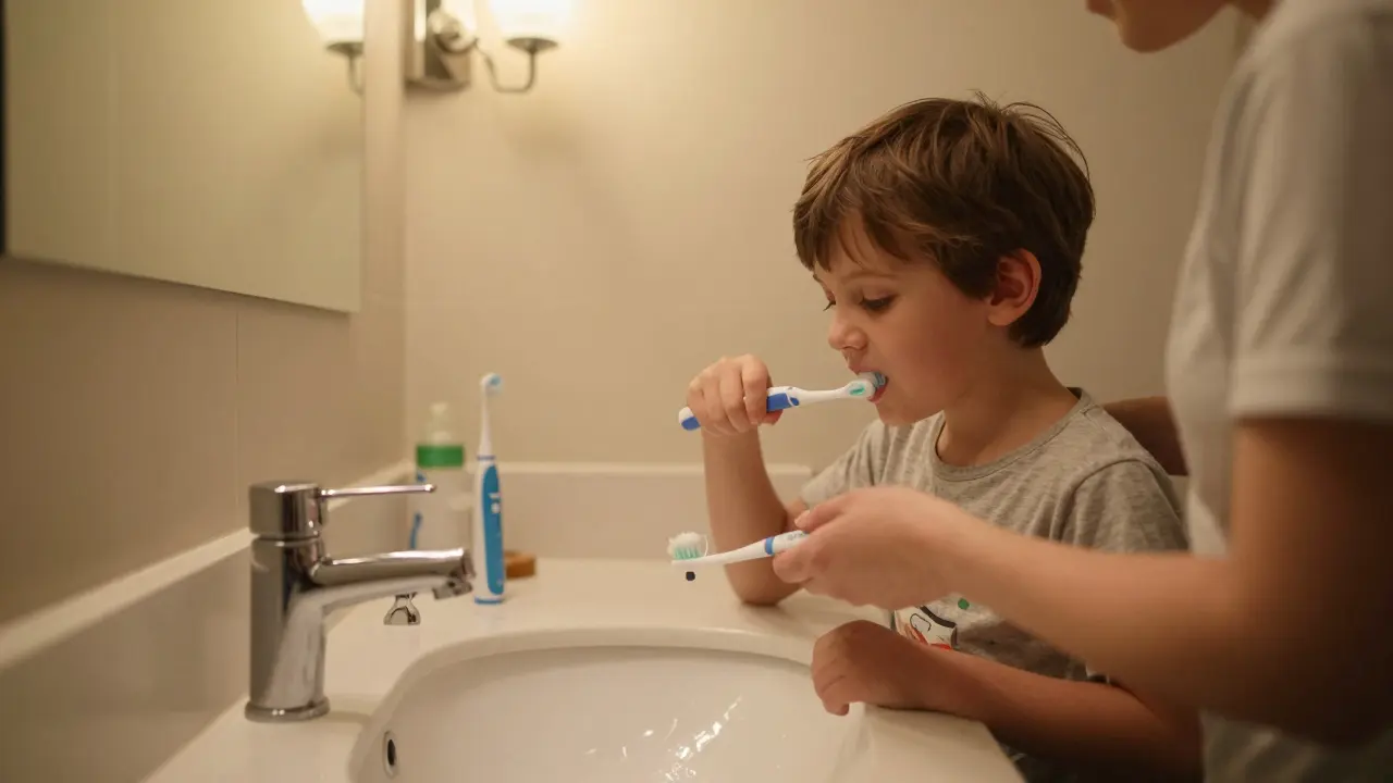 Rodič pomáhá dítěti čistit zuby doma večer s fluoridovou pastou