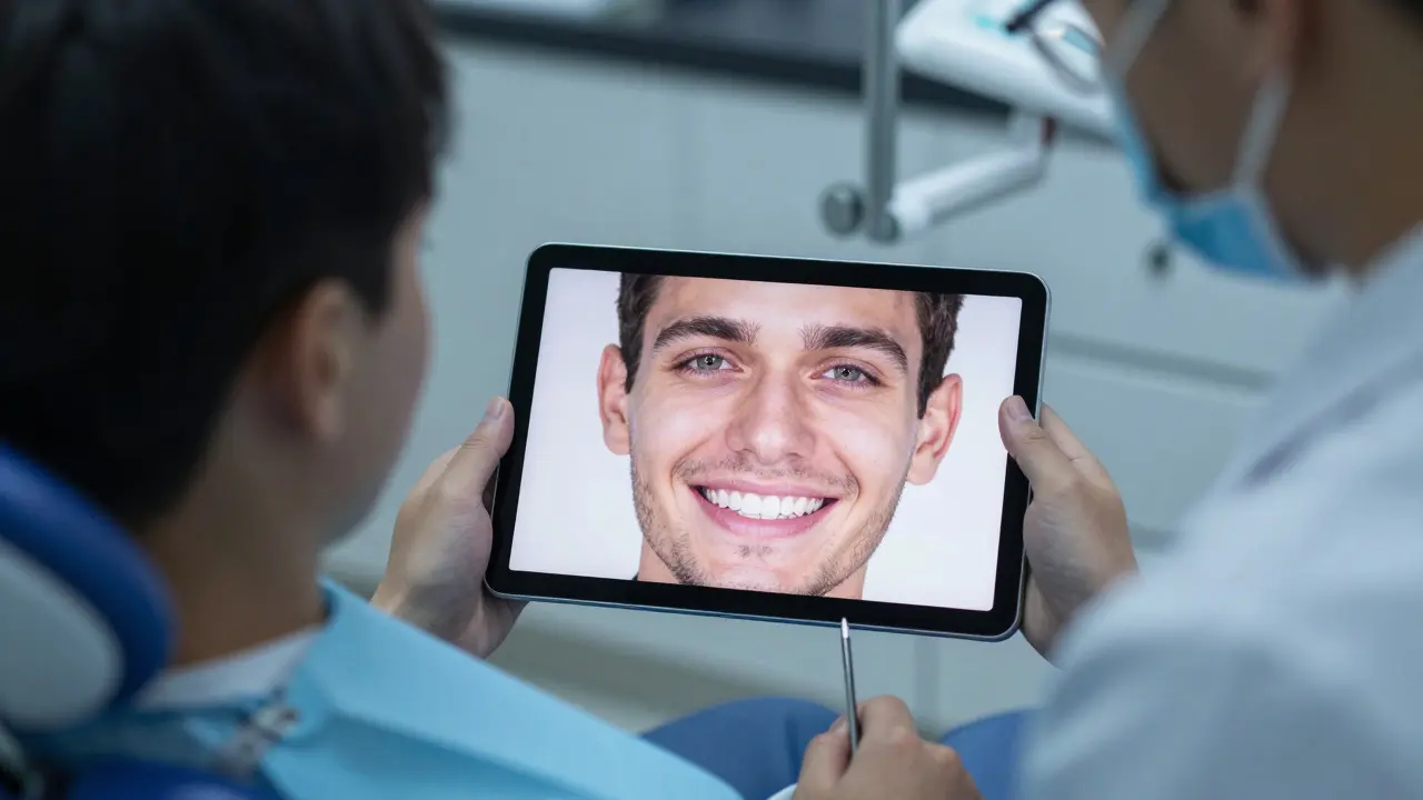 Stomatolog a pacient konzultují digitální simulaci nového úsměvu na tabletu