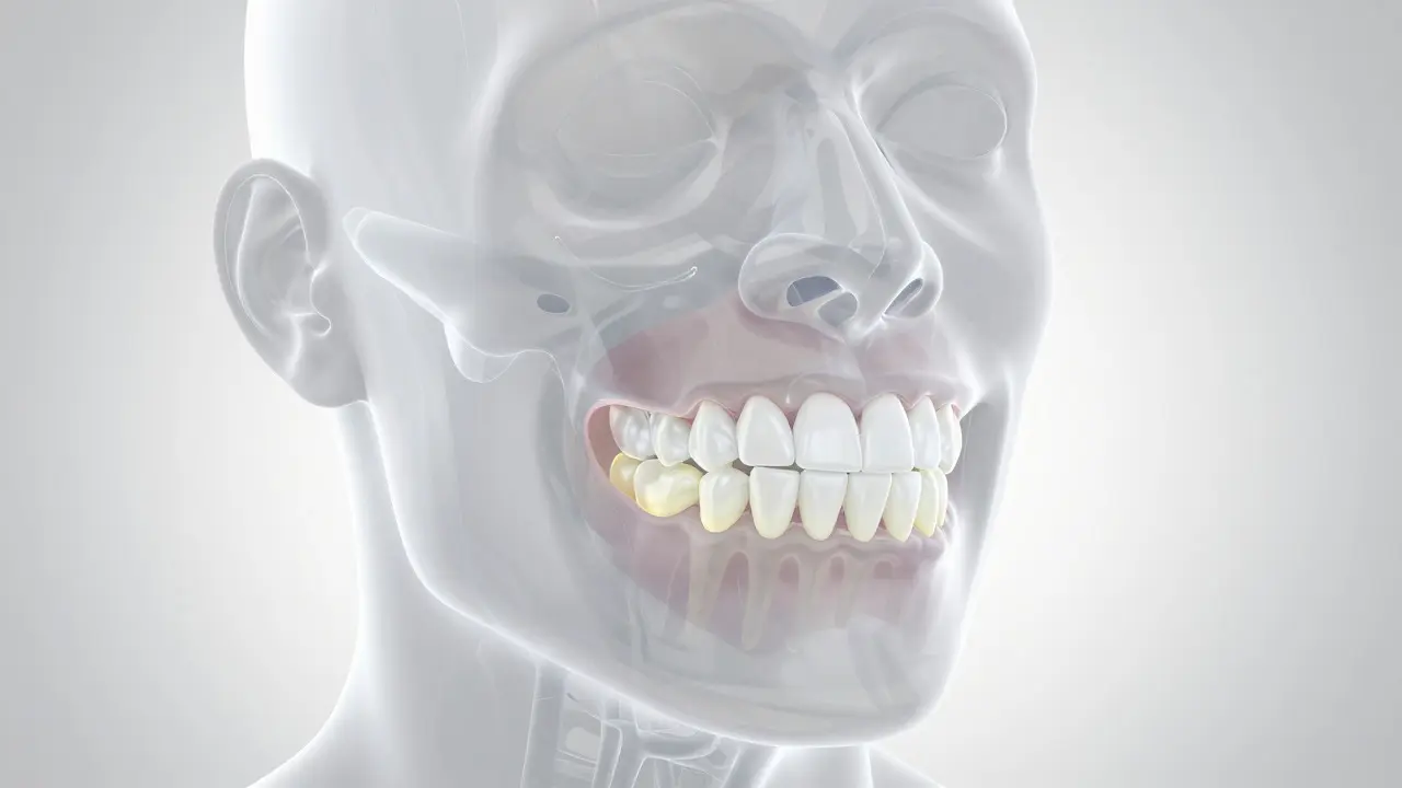 3D ilustrace lidské čelisti s barevně zvýrazněnými typy zubů pro lepší orientaci