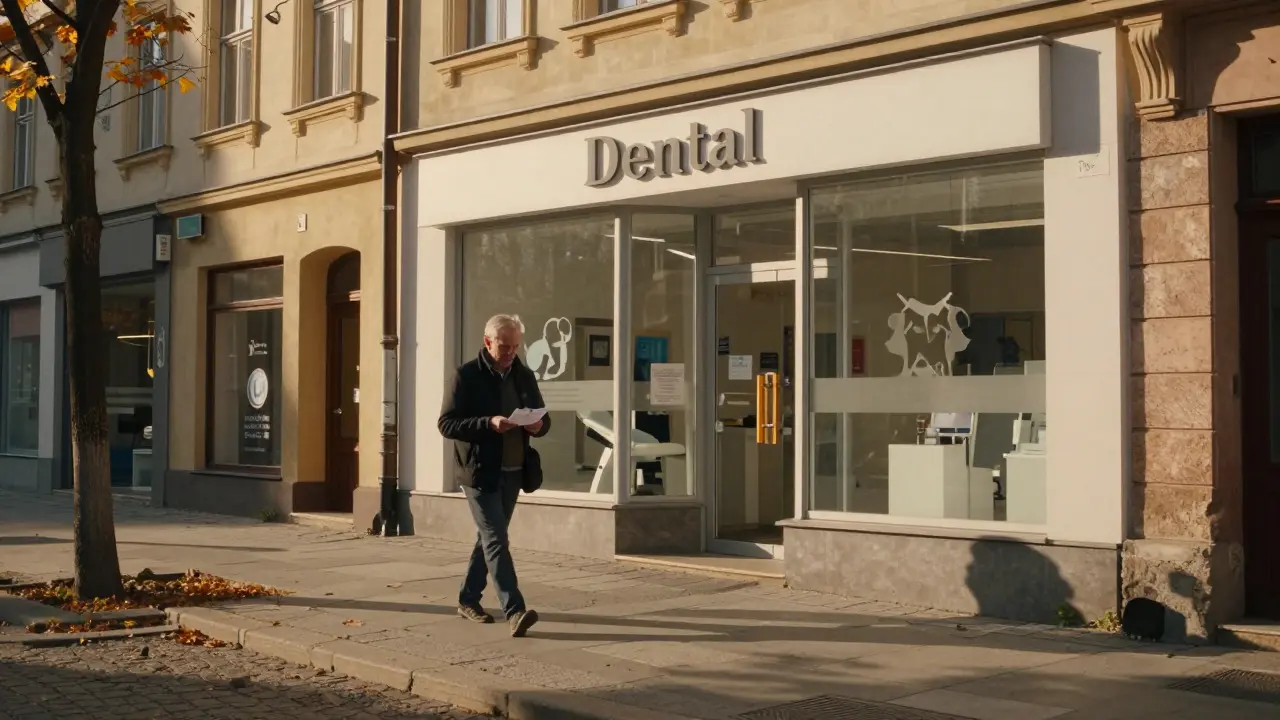 Člověk procházející se městem s dokumenty u zubařské ordinace