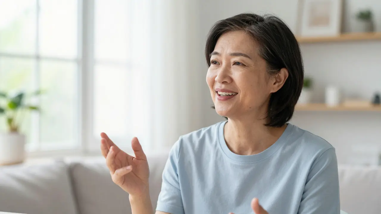 Confident person speaking naturally at home while wearing dental prostheses