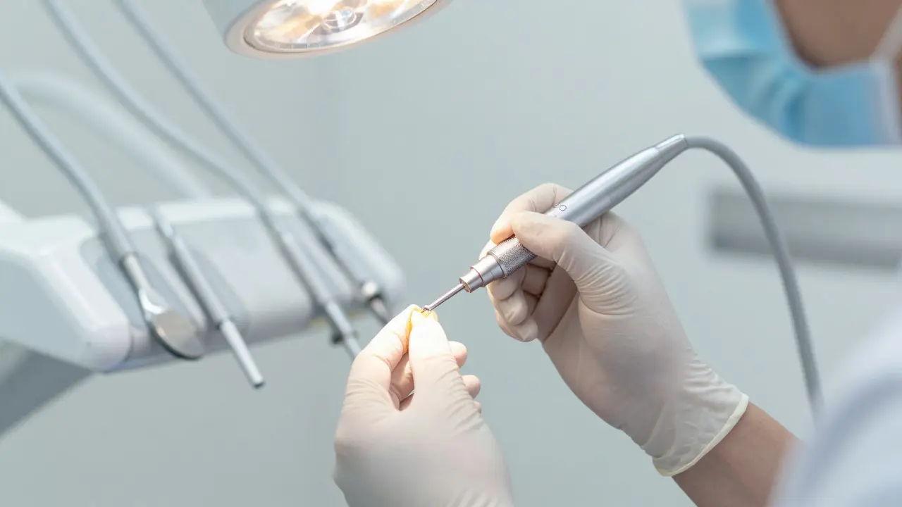 Dentista jemně brousí hranu zubu v klinice