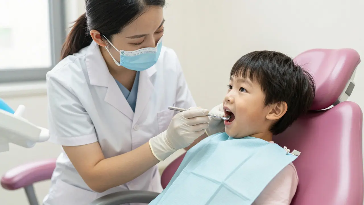 Dentista vyšetřuje ústa dítěte v ordinaci