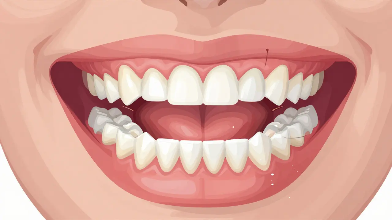 Illustration showing internal anatomy of jaw with removable denture in place
