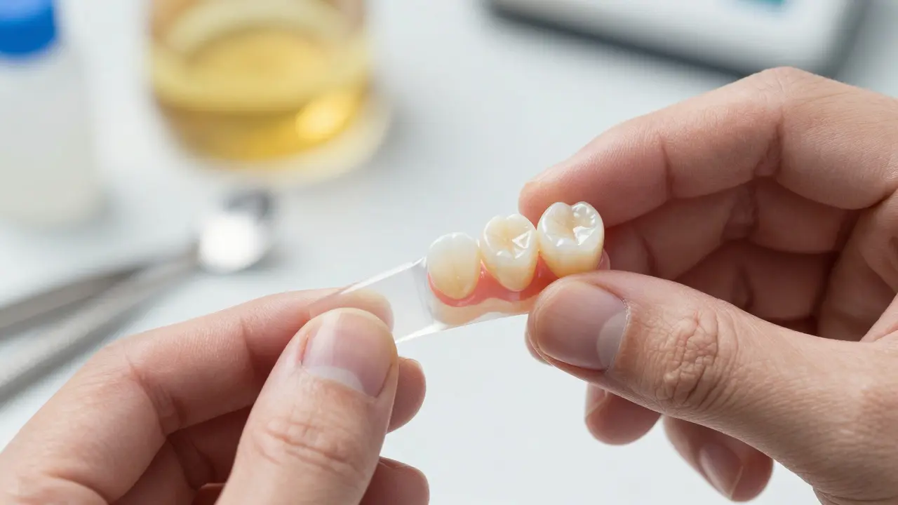 Keramická fazeta vedle zubního modelu v laboratoři