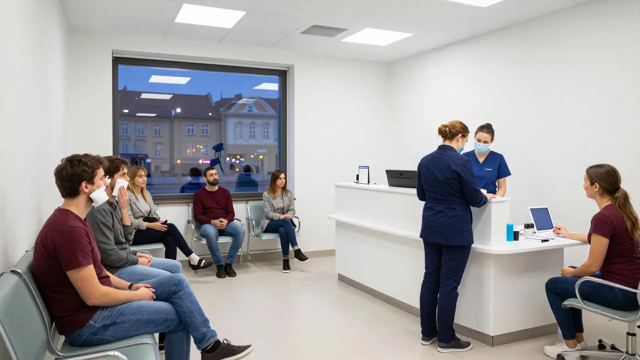 Počkárna soukromé zubní pohotovosti s pacienty čekajícími na ošetření večer.