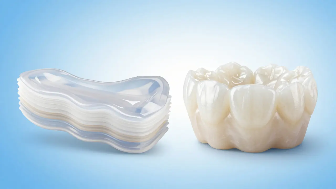 Srovnání kompozitní a porcelánové fazety zobrazené jako dva různé materiály