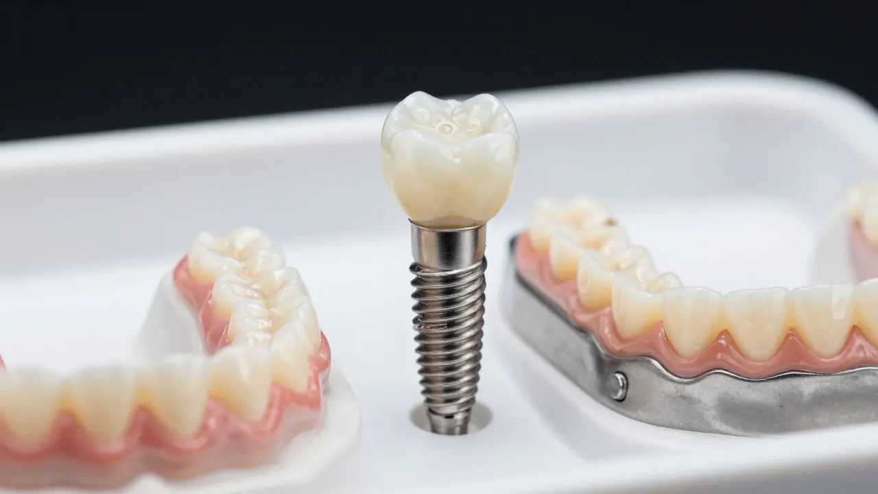 Srovnání zubního implantátu, mostu a protézy
