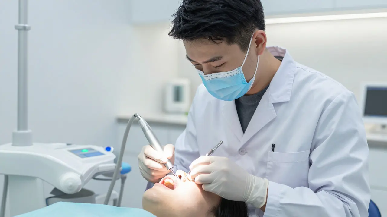 Stomatolog aplikuje kompozitní fazetu na zub pacienta pomocí speciálního světla