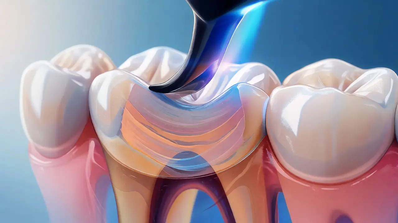 Ilustrace vrstvení kompozitní pryskyřice pro estetickou opravu zubu