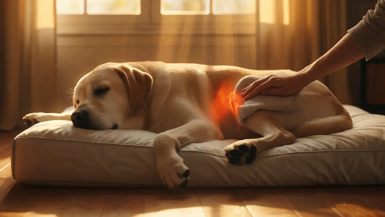 Labrador odpočívající na ortopedickém lůžku s teplým obkladem aplikovaným na klouby.
