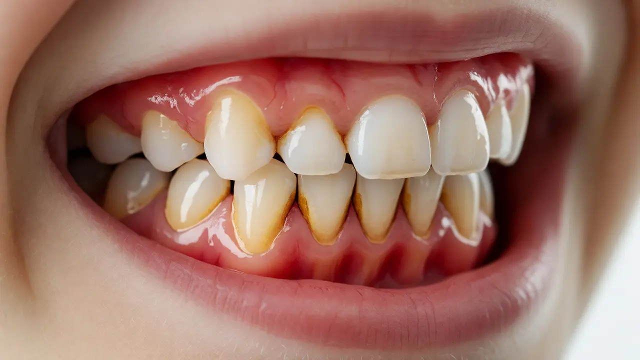 Macro close-up of child's teeth showing tartar buildup and gum inflammation