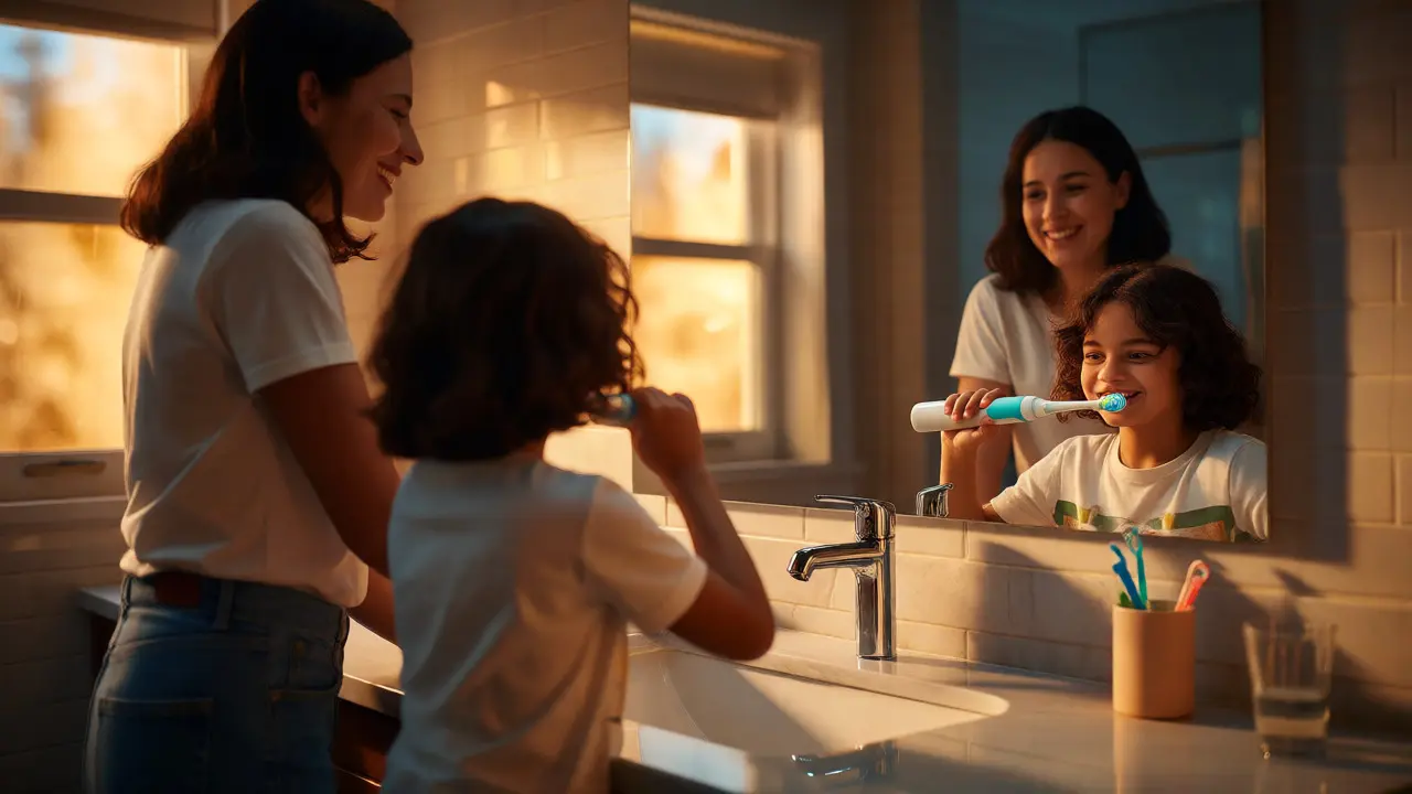 Mother and child brushing teeth together in a warm bathroom setting