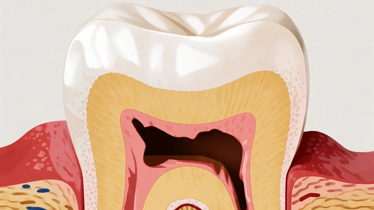 Řez zubem ukazující průnik tmavého kazu do vrstvy dentinu