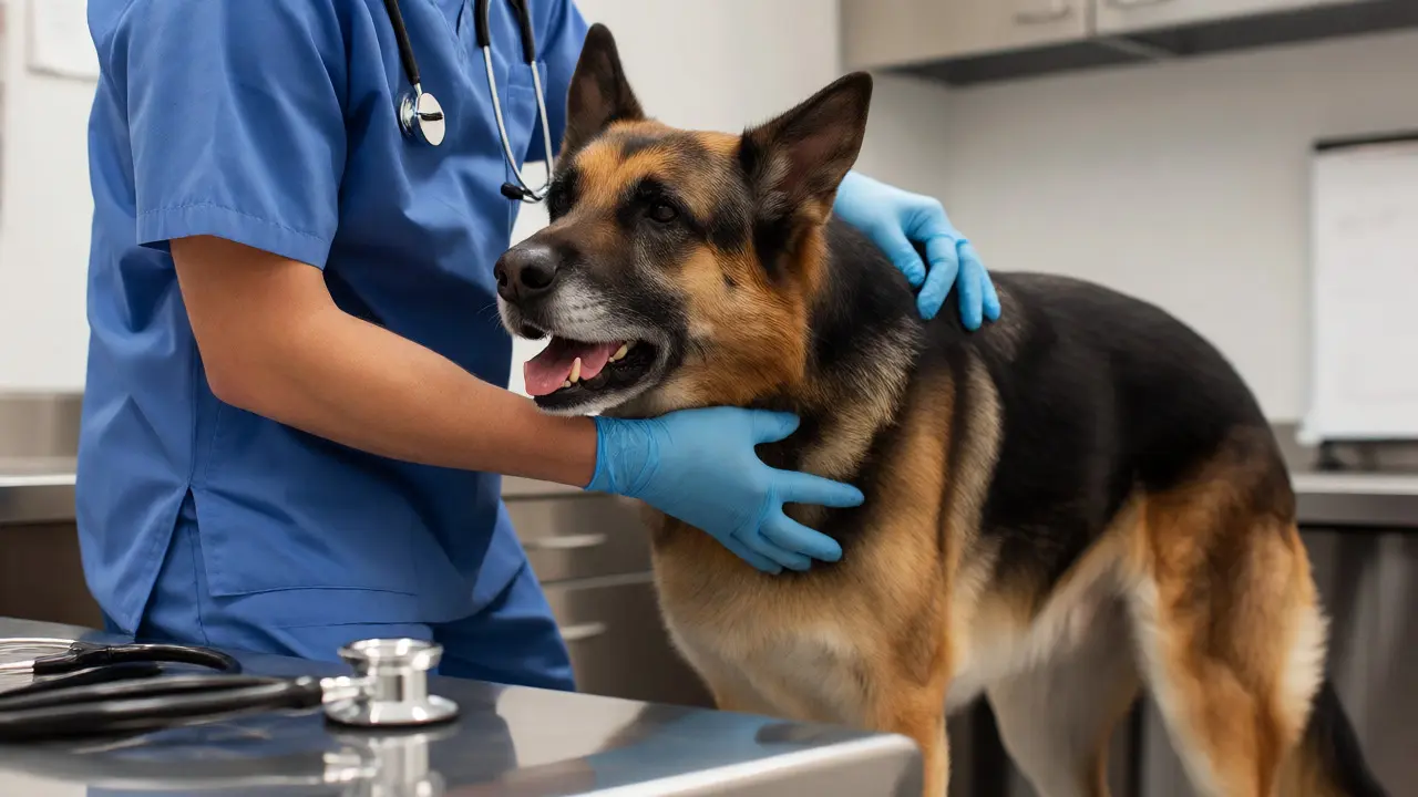 Veterinář vyšetřující německého ovčáka v ordinaci, kontrola břicha a dásní.