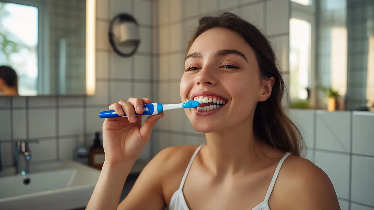 Žena jemně čistí zuby barevným kartáčkem v moderní koupelně