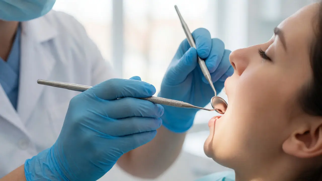 Zubař provádí preventivní prohlídku ústní dutiny pacienta