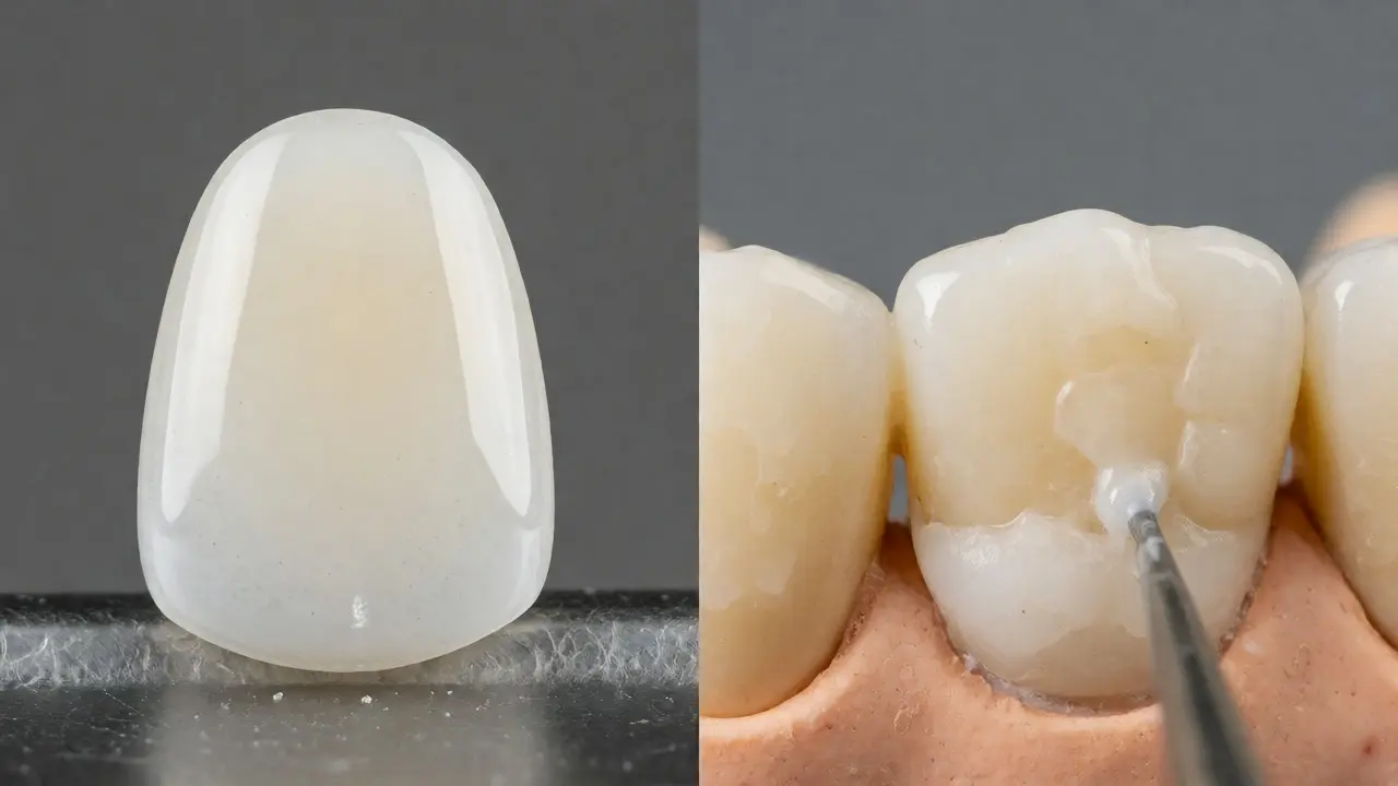 Comparison of glossy ceramic veneer and sculpted composite resin material.