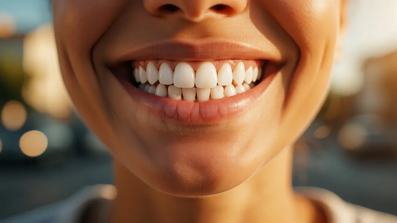 Confident smile with subtle overlay of previous dental imperfections.