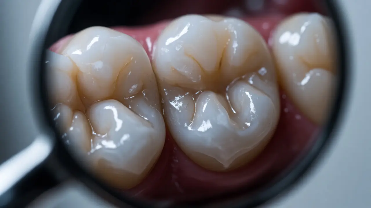 Detailní pohled do zrcátka odhalující texturu zubů, hrbolky a bílé skvrny na sklovině.