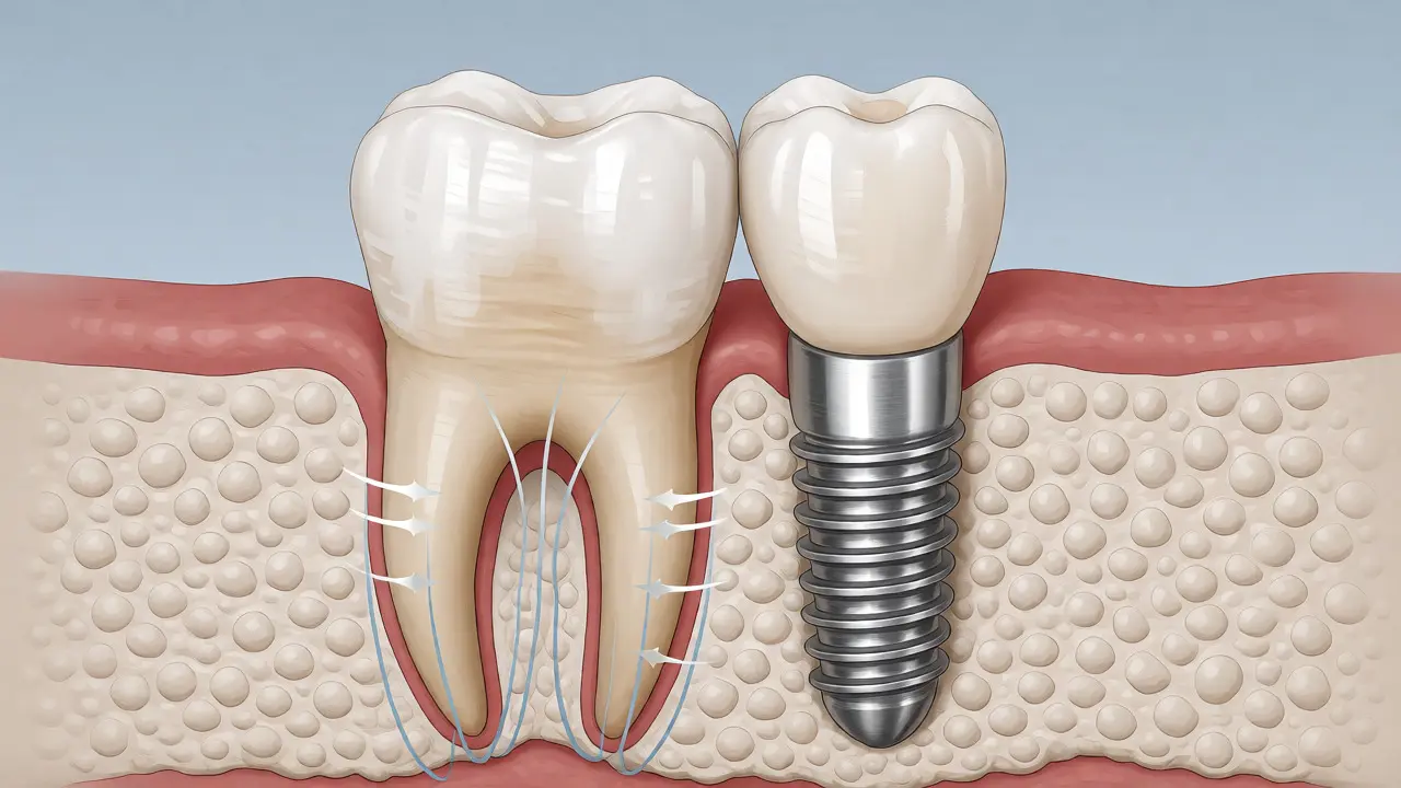 Porovnání přenosu sil u vlastního zubu a zubního implantátu s korunou.