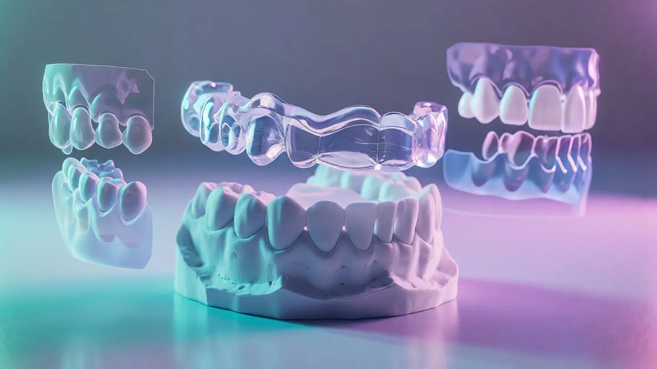 Průhledné alignery na 3D modelu zubů s simulací pohybu