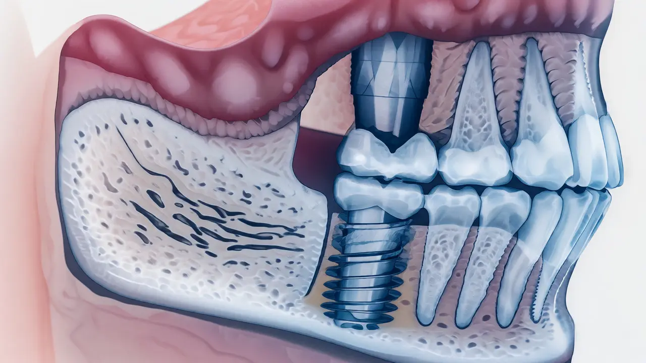 Průřez čelistní kosti znázorňující proces hojení a zarůstání implantátu kostí.