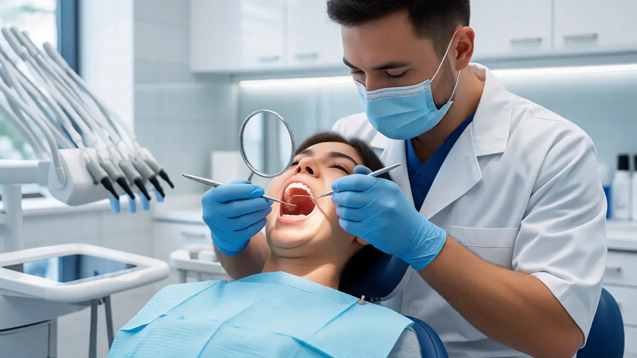 Zubní lékař provádějící vyšetření dutiny ústní pacienta